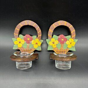 Vintage Votive Candleholders Wall Hanging Handmade Folk Art Flower Basket Floral